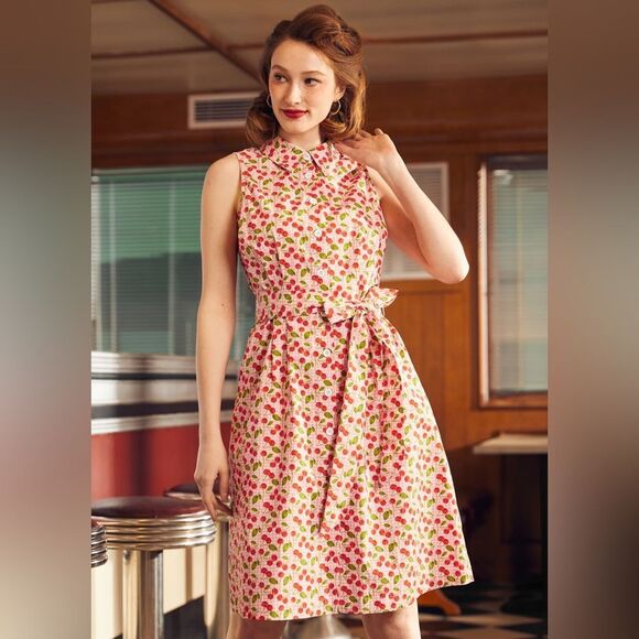 NWT ModCloth Cherry Cotton Button Down Tie Mini Dress Size Large - Picture 1 of 8